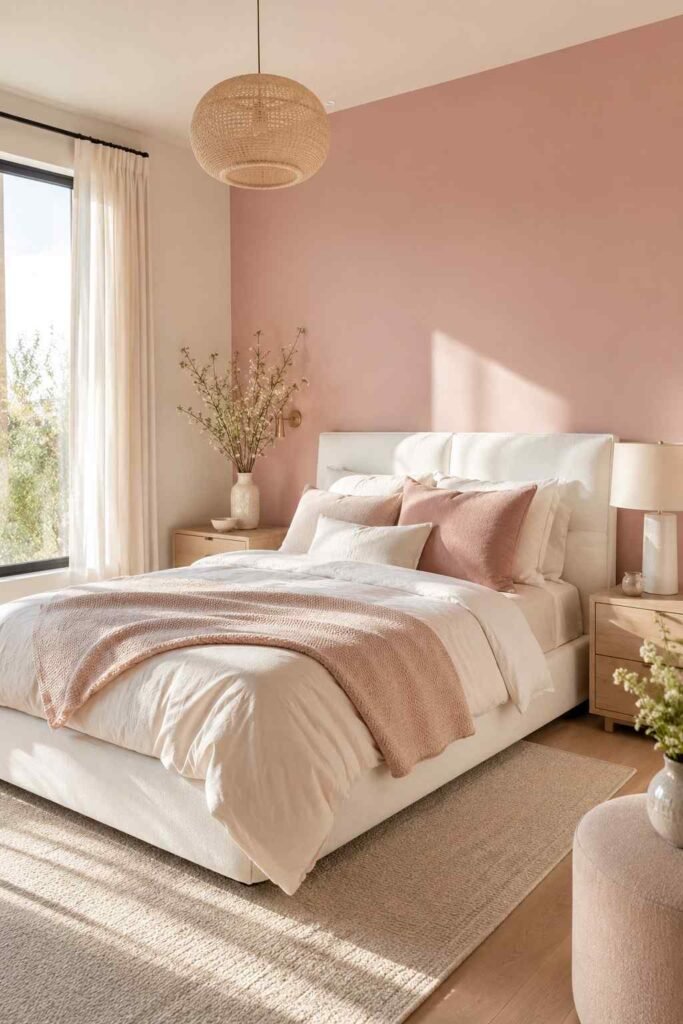 Blush pink accent wall behind a modern bedroom bed.