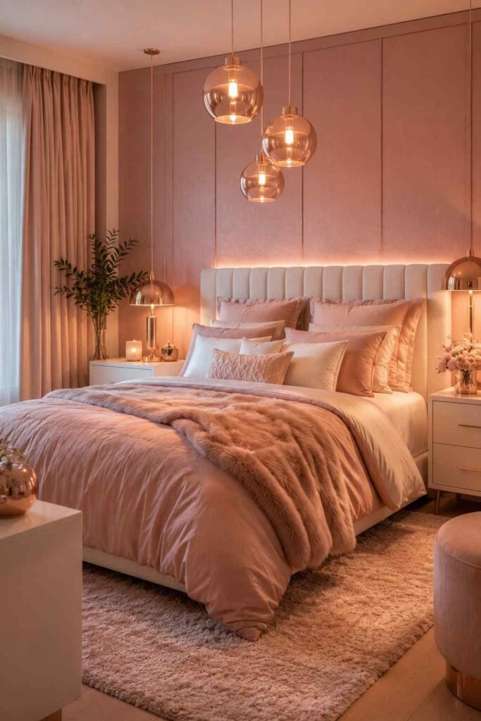 Rose gold lighting fixtures in a soft pink bedroom.