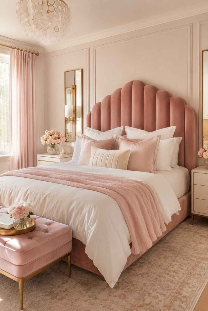 Dusty rose velvet headboard in a modern bedroom.
