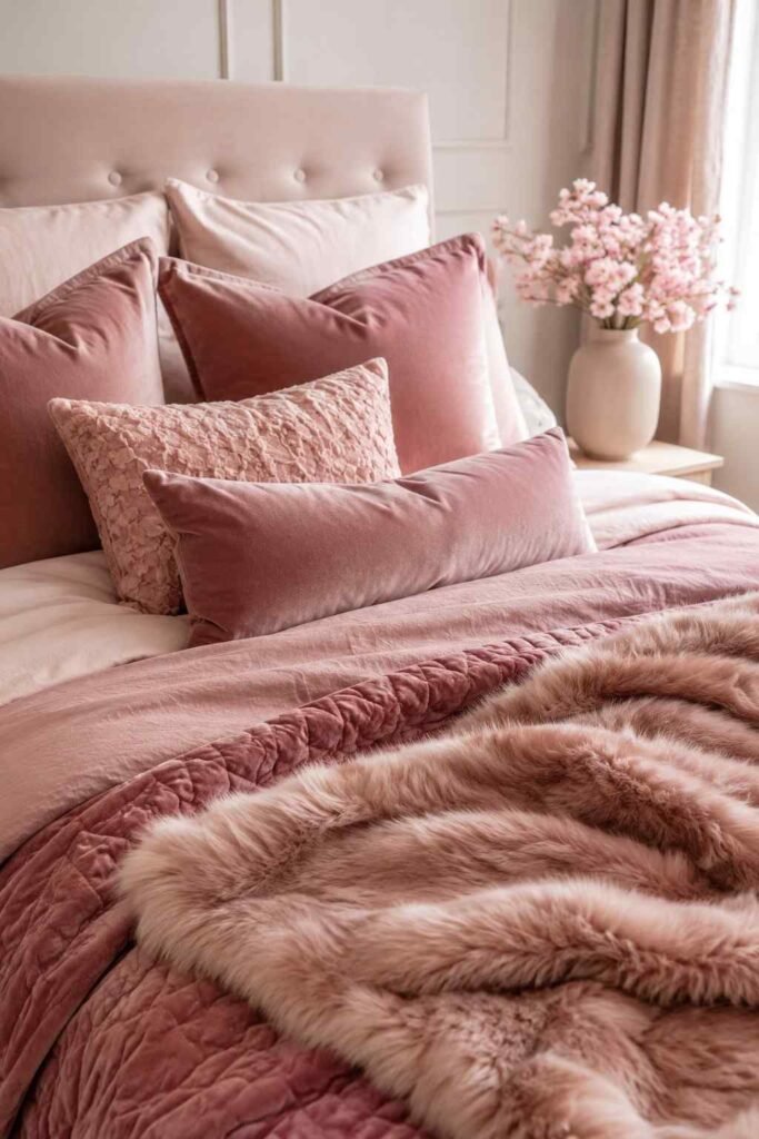 Layered pink bedding with different cozy textures.