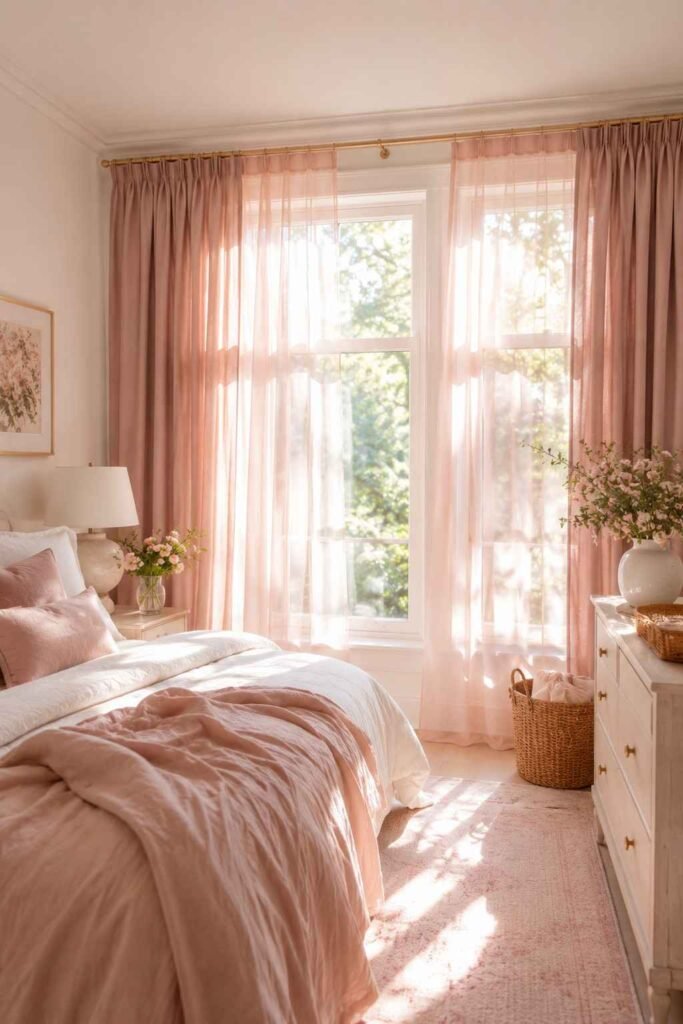 Dusty pink curtains in a bright modern bedroom.