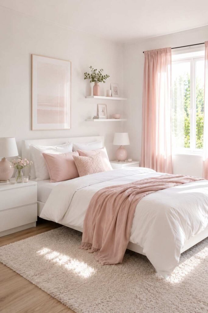 Pink and white bedroom with balanced modern decor.