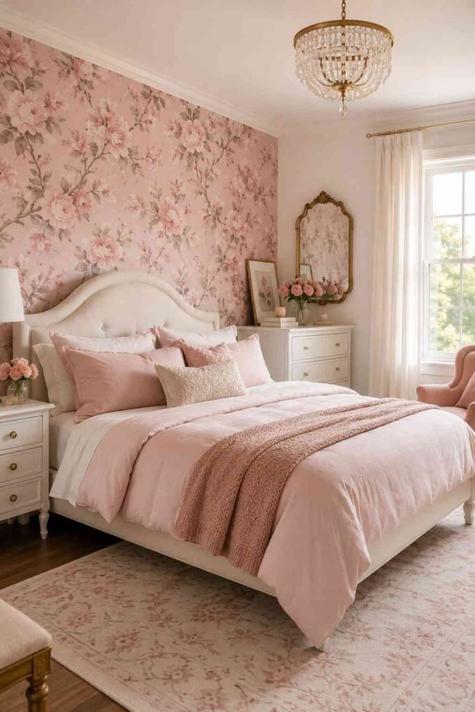 Soft pink floral wallpaper in a romantic bedroom.