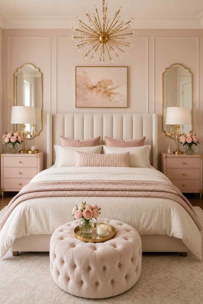 Soft pink floral wallpaper in a romantic bedroom.