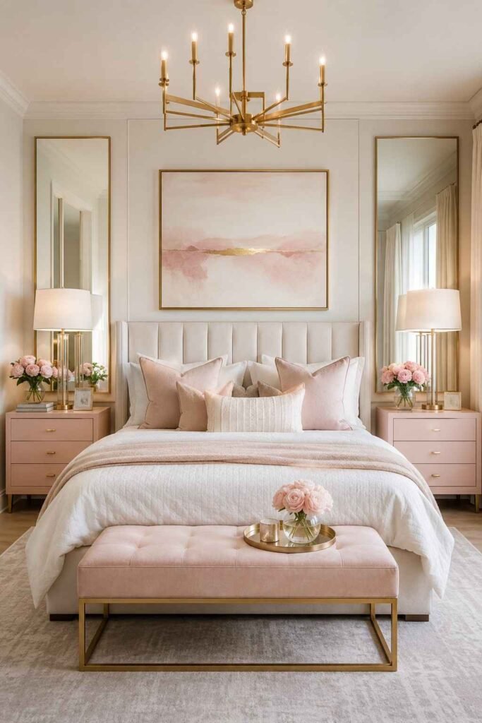 Soft pink area rug under a cozy bedroom bed.