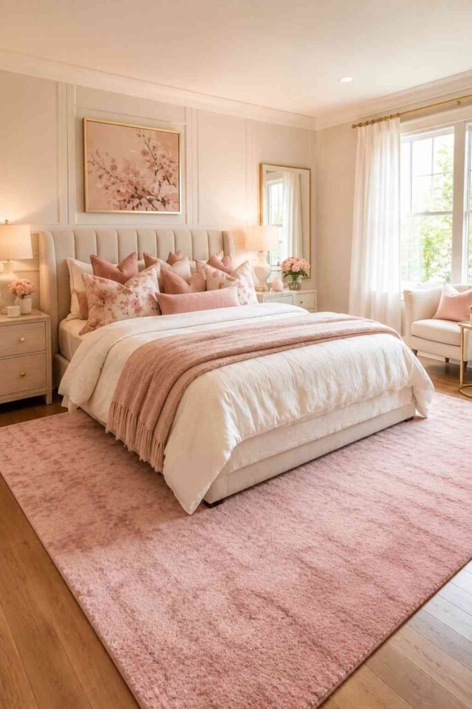 Pink floral throw pillows on a stylish bed.