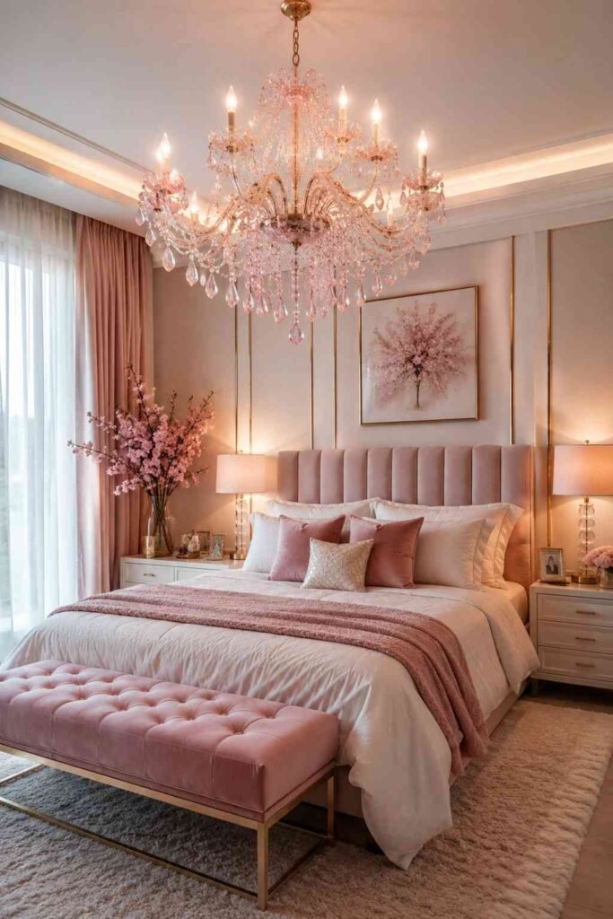 Pink chandelier lighting in a luxury bedroom.