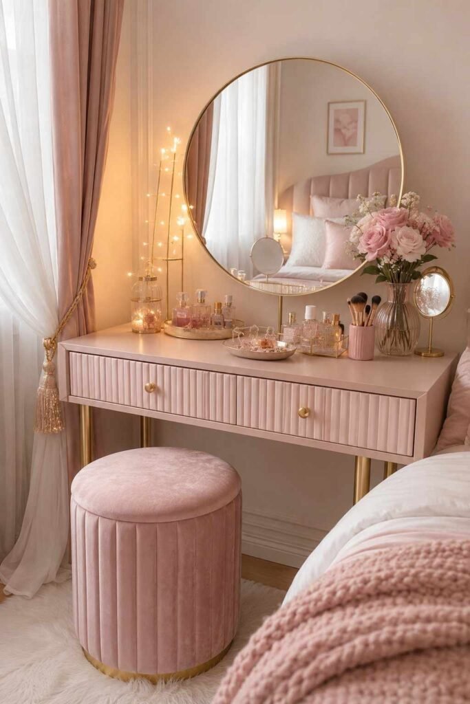 Pink vanity and dressing corner with elegant decor.