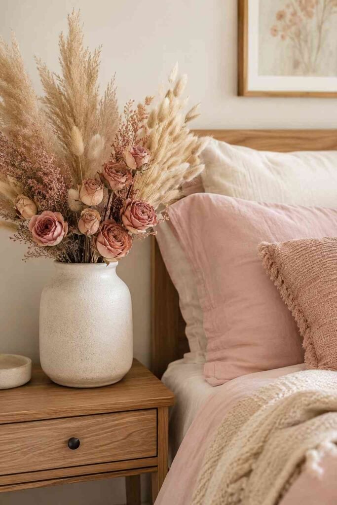 Dried pink florals decorating a cozy bedroom.