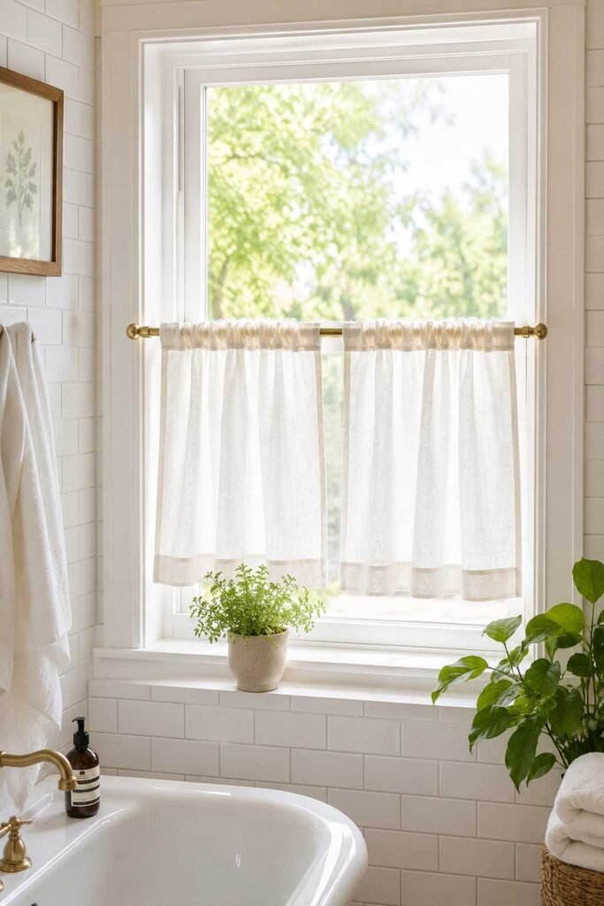 White linen cafe curtains on brass tension rod covering lower half of bathroom window with natural light above