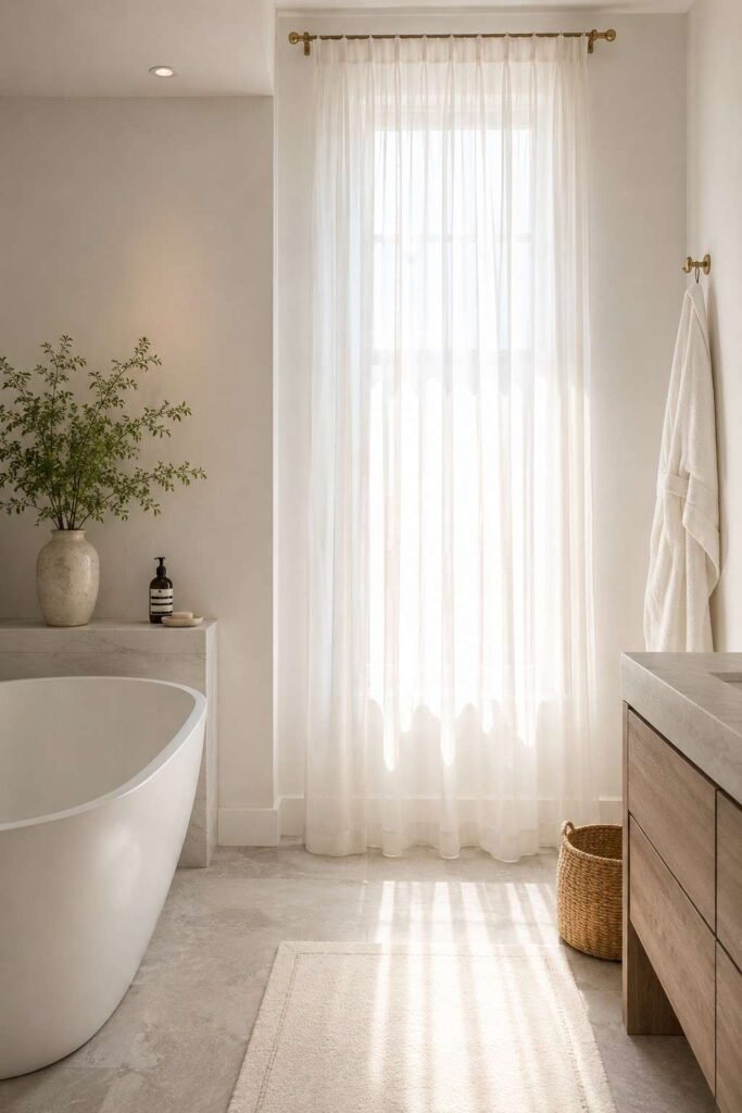 Floor to ceiling sheer white voile curtain panel filtering soft warm light in elegant boutique hotel style bathroom
