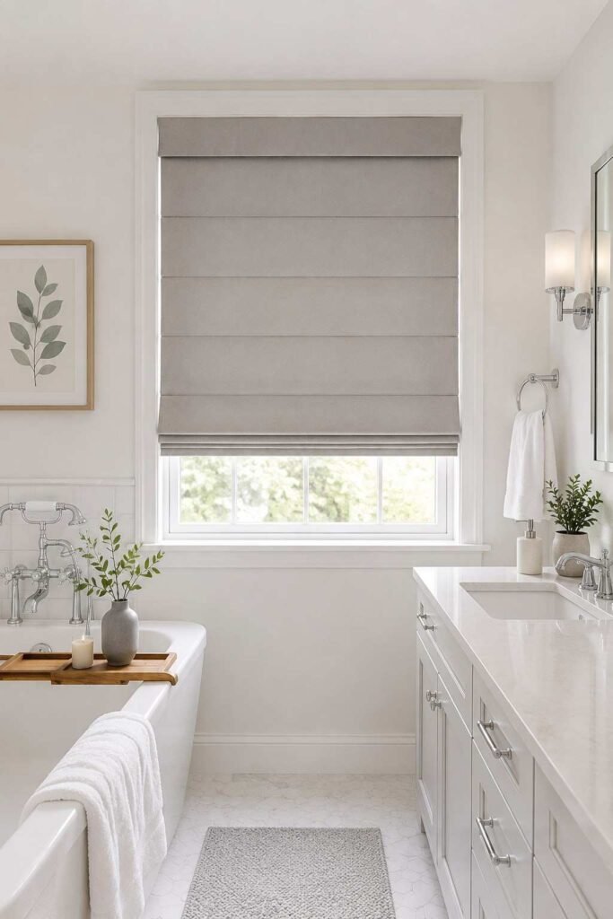Tailored warm grey moisture resistant Roman shade fully lowered at bathroom window in clean modern polished bathroom