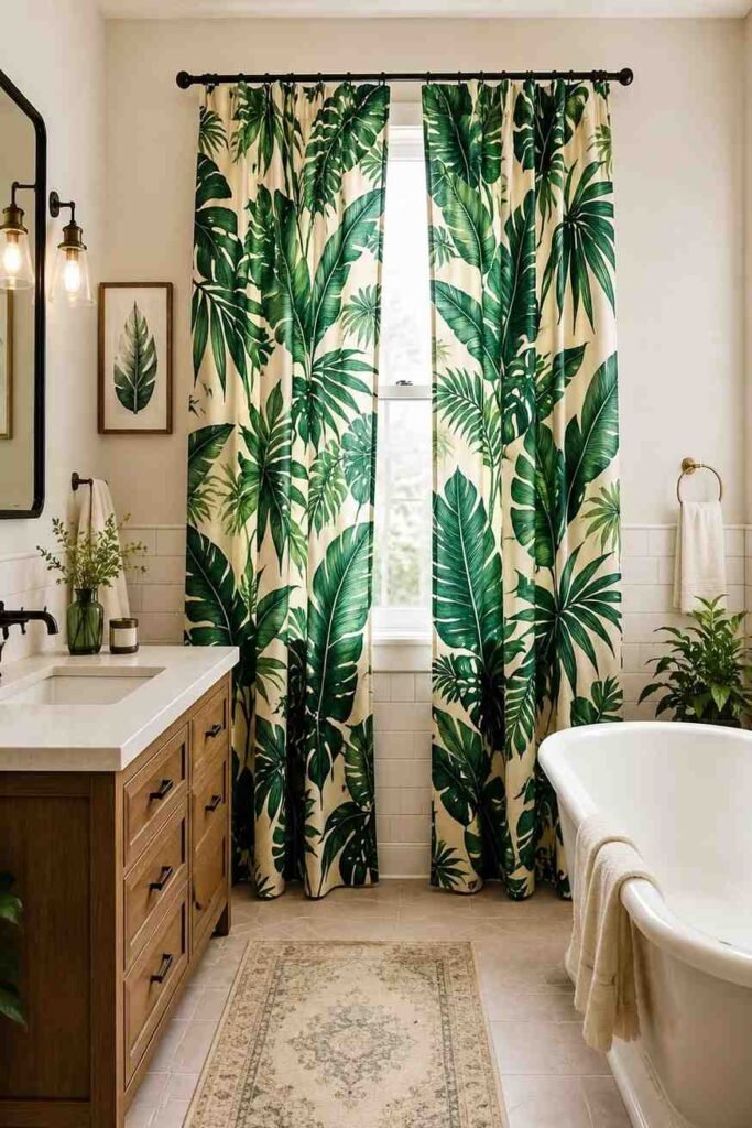 Bold botanical emerald green printed curtain as statement focal point at bathroom window with neutral white tile walls