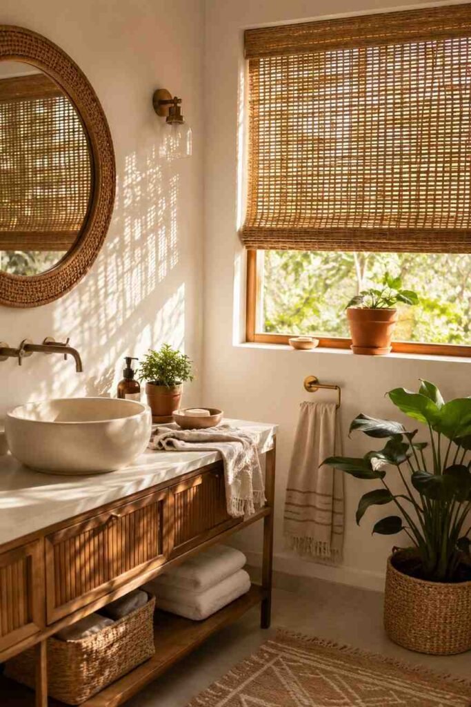 Natural woven bamboo shade filtering warm dappled light at bathroom window with rattan mirror and terracotta plant
