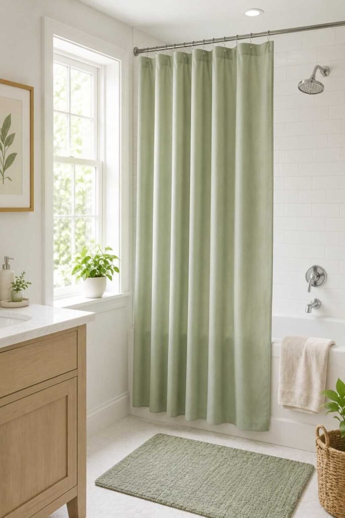 Soft sage green waterproof fabric curtain panel at bathroom window beside white bathtub in calm spa style bathroom