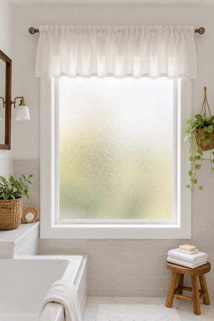 Frosted privacy film on bathroom window glass with soft white gathered fabric valance across top of window frame