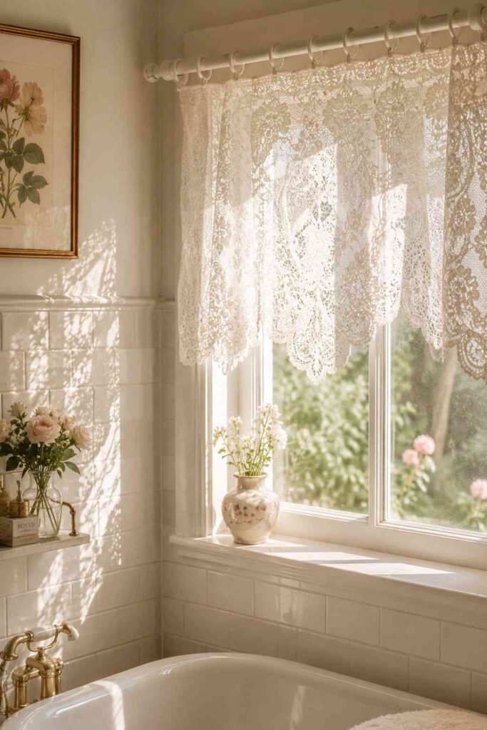 Delicate vintage white lace curtain on painted wooden rod creating dappled light shadows on white bathroom tiles