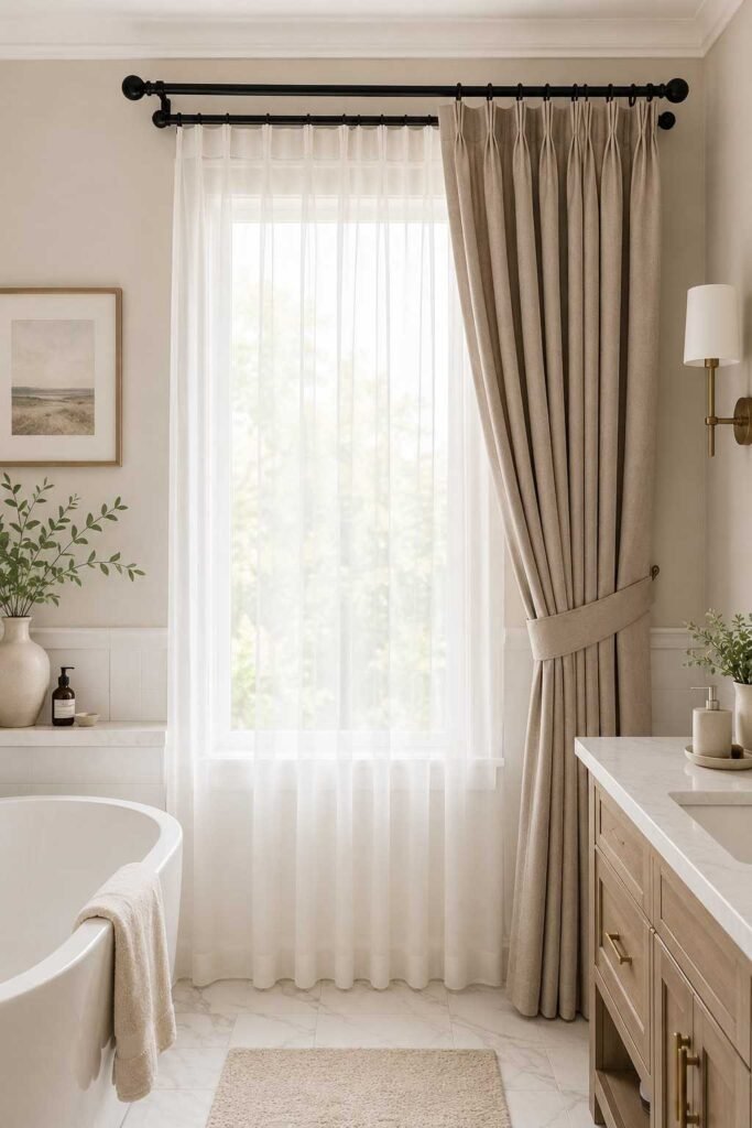Double curtain rod with white sheer and warm taupe blackout panel layered together at polished bathroom window