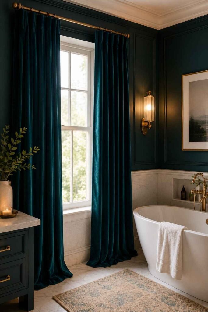 Deep teal velvet curtain panels at bathroom window with wall sconce and white freestanding tub in luxury moody bathroom