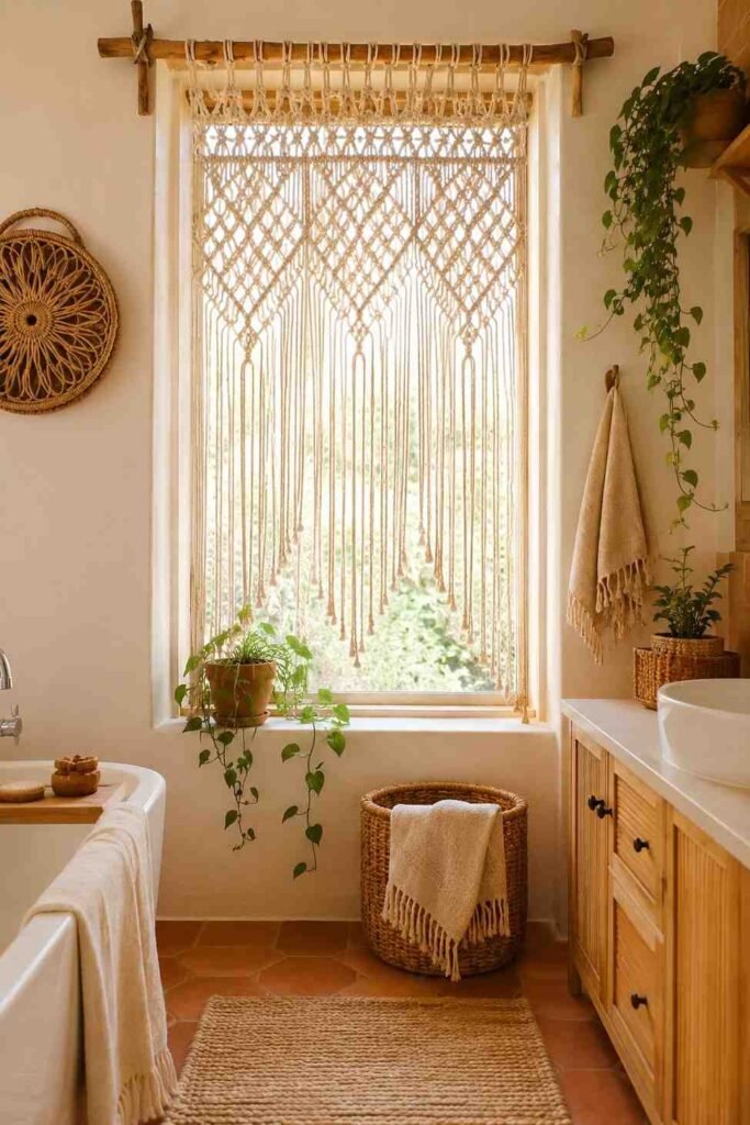 Handmade natural macrame curtain on wooden dowel rod filtering warm light at boho bathroom window with rattan accessories