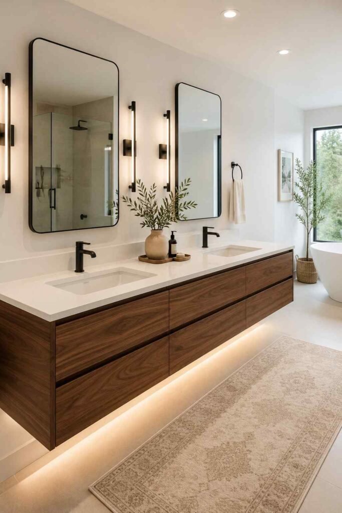 Floating walnut double vanity with undermount sinks matte black faucets and LED underglow in modern master bathroom