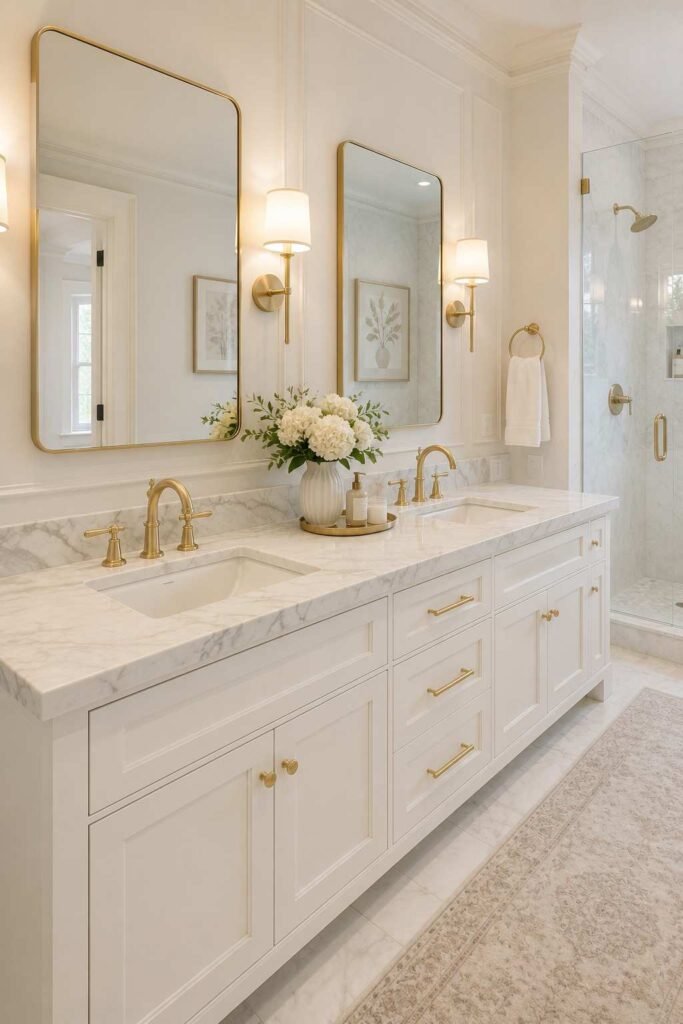 White shaker double vanity with Carrara marble countertop brushed gold faucets and hardware in classic elegant bathroom