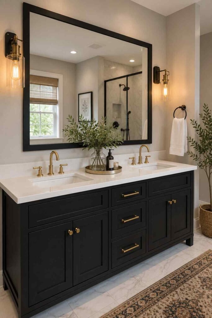 Matte black double vanity with brushed gold hardware white countertop and Edison sconces in dramatic master bathroom