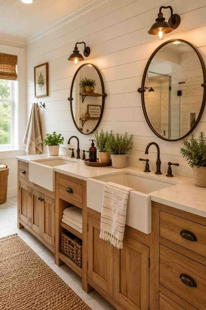 Rustic farmhouse double vanity with natural wood apron sinks oil bronze faucets and shiplap wall in cozy bathroom
