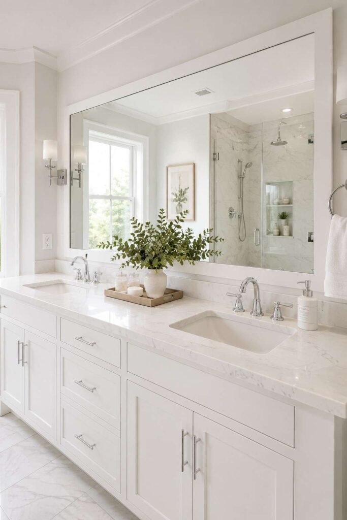 White double sink vanity with thick edge quartz countertop subtle grey veining and chrome faucets in bright bathroom