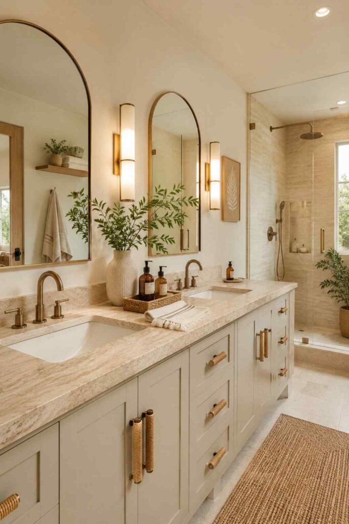 Spa inspired double vanity with travertine stone countertop rattan pulls linen towels and amber bottles in serene bathroom