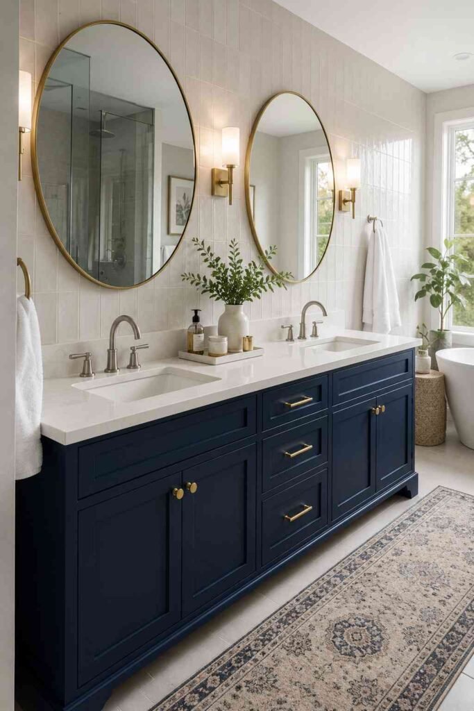 Deep navy blue double vanity with white quartz countertop round brass mirrors and brushed nickel faucets in master bathroom