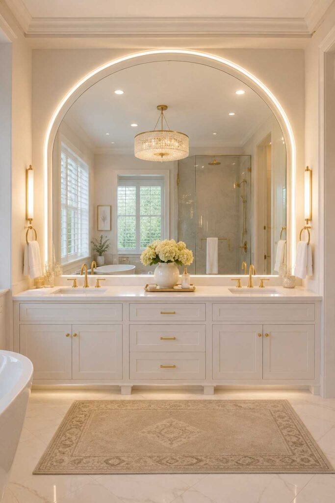 Oversized arched statement mirror spanning full width of white double sink vanity with LED frame lighting in luxury bathroom
