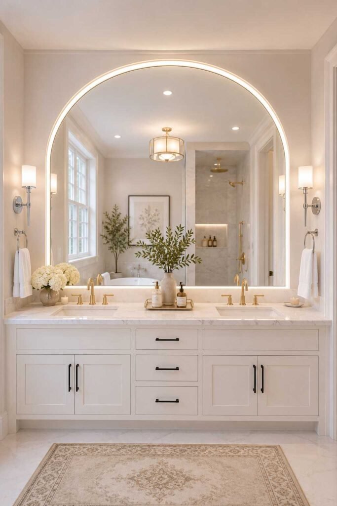 Mixed metal double vanity with brushed gold faucets matte black hardware and chrome sconces on white marble countertop