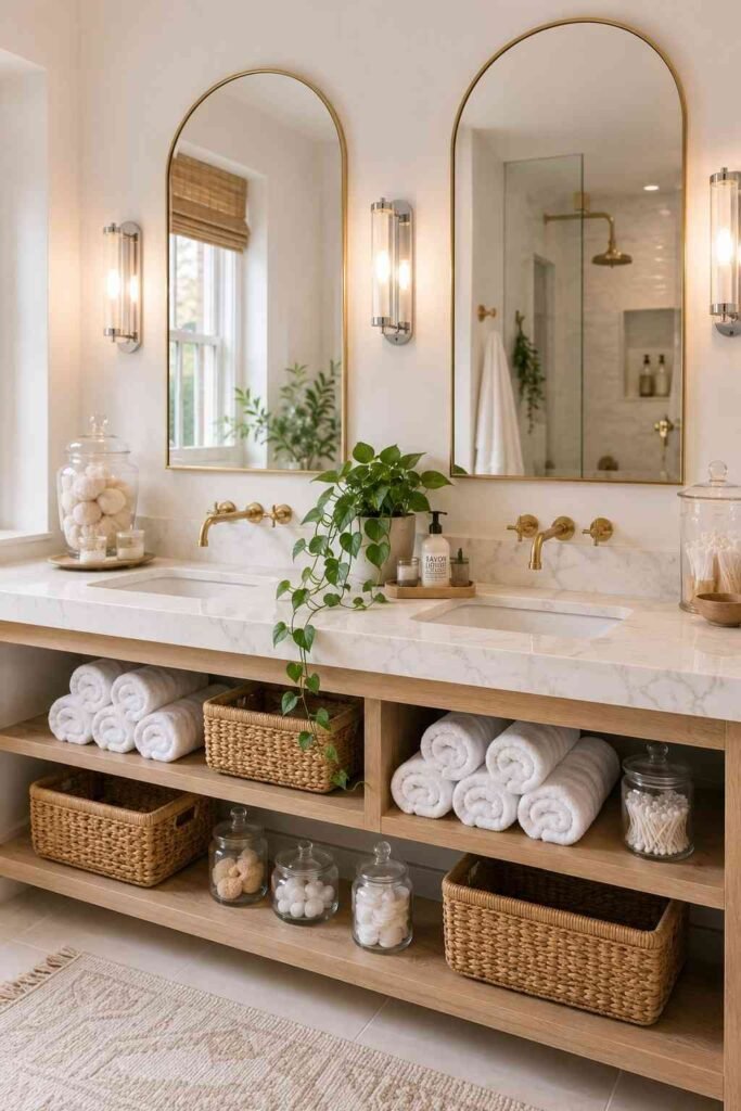 Mixed metal double vanity with brushed gold faucets matte black hardware and chrome sconces on white marble countertop