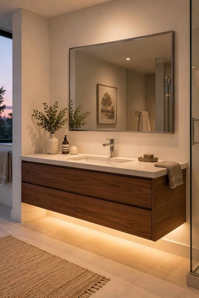Warm walnut floating vanity with LED underglow brushed chrome faucet and undermount sink in modern airy bathroom