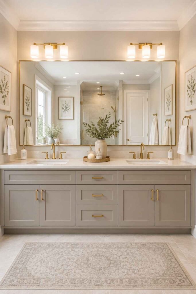 Double sink grey vanity with white quartz countertop brushed gold faucets and wide mirror in shared luxury bathroom