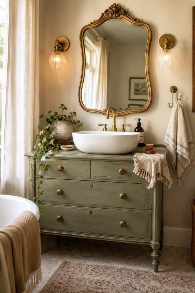 Dusty sage green vintage dresser converted into bathroom vanity with white vessel sink gold faucet and ornate mirror