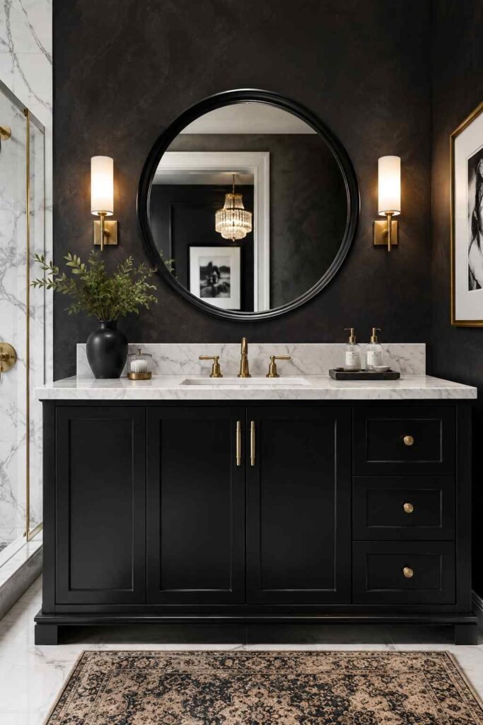 Matte black vanity with white Carrara marble countertop brushed gold hardware and round mirror in dramatic luxury bathroom