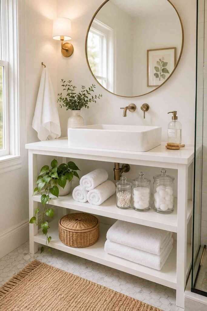 White open shelf vanity with rolled towels rattan basket glass jars and trailing plant in bright spa style bathroom
