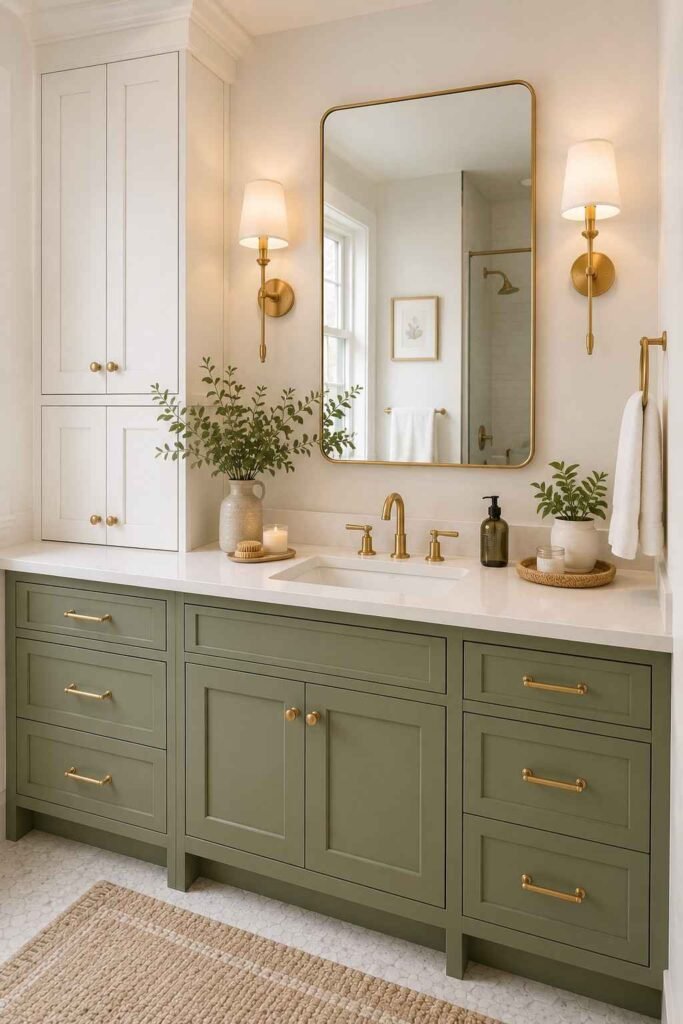 Two tone vanity with white upper cabinets and sage green lower drawers gold hardware in stylish modern bathroom