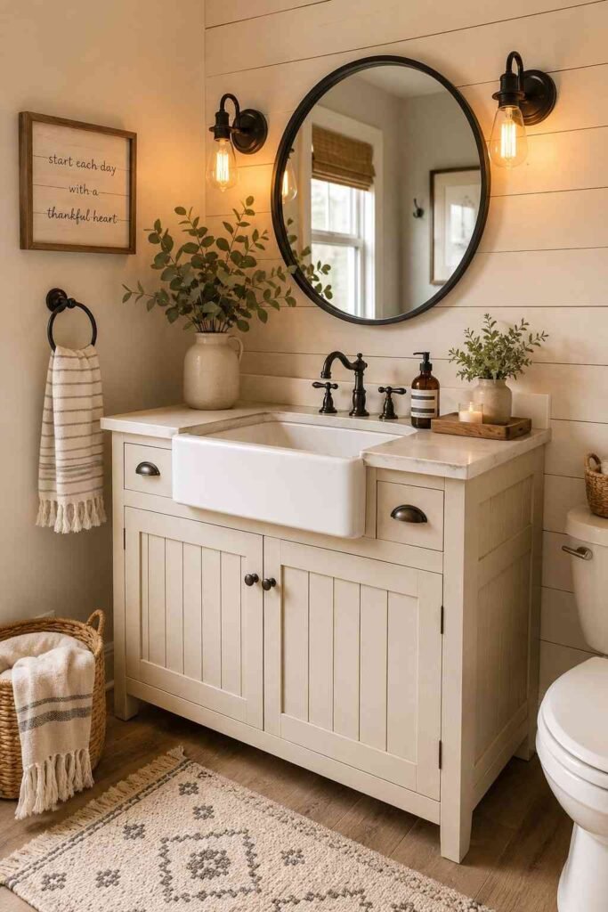 Cream farmhouse vanity with shiplap cabinet doors apron sink Edison sconces and wooden tray in cozy rustic bathroom