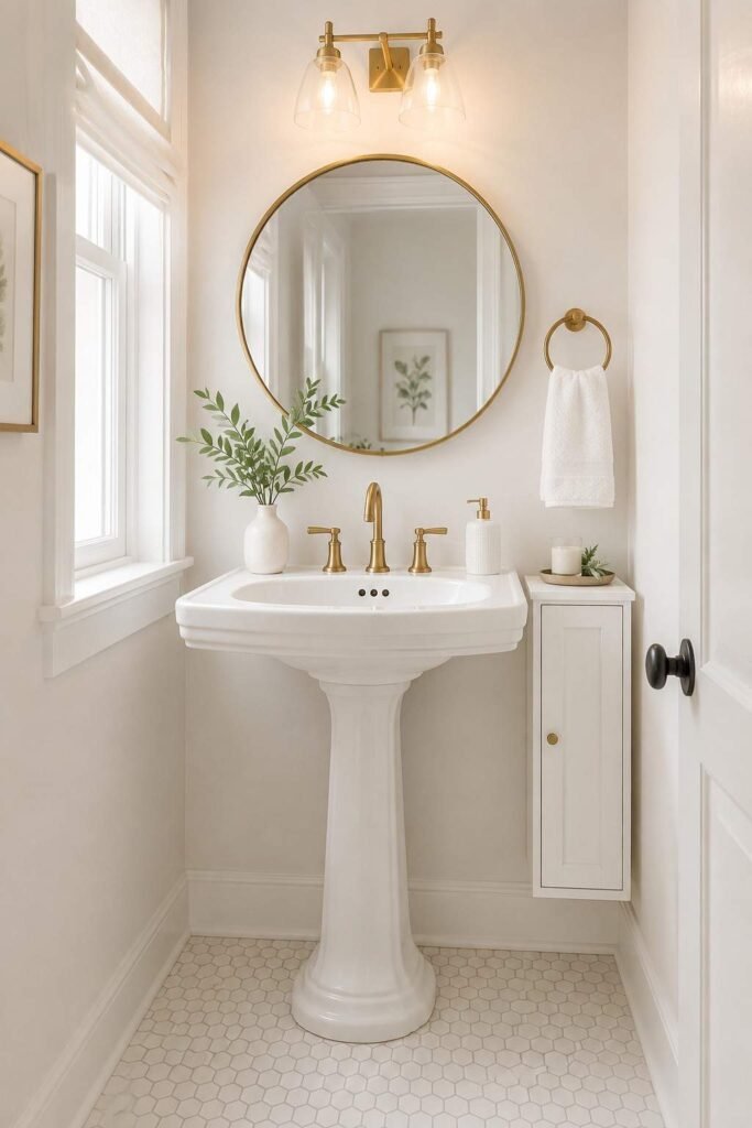 Classic white porcelain pedestal sink with gold faucet slim wall cabinet and round mirror in tiny minimal bathroom
