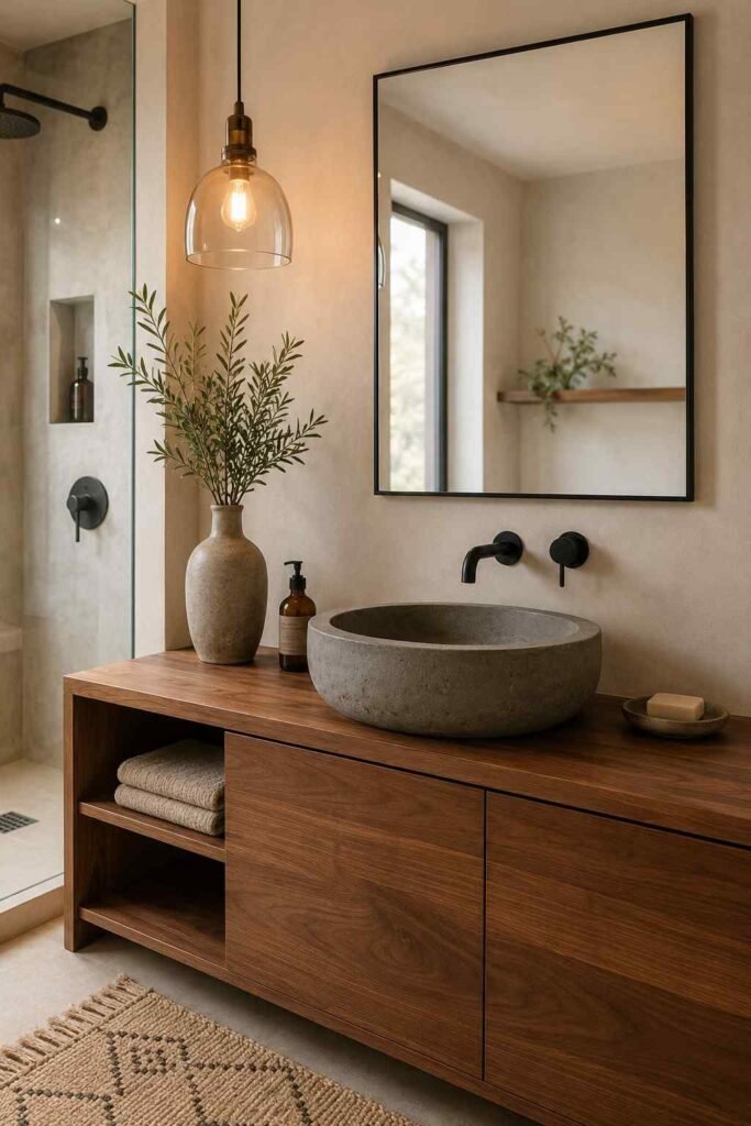Walnut wood vanity base with grey concrete vessel sink matte black wall faucet and warm pendant light in artisan bathroom