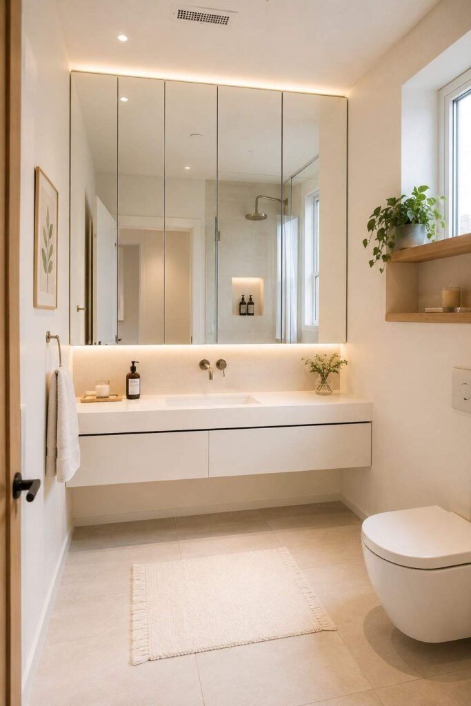 Floor to ceiling mirrored vanity cabinet above white floating sink base reflecting light in bright small bathroom