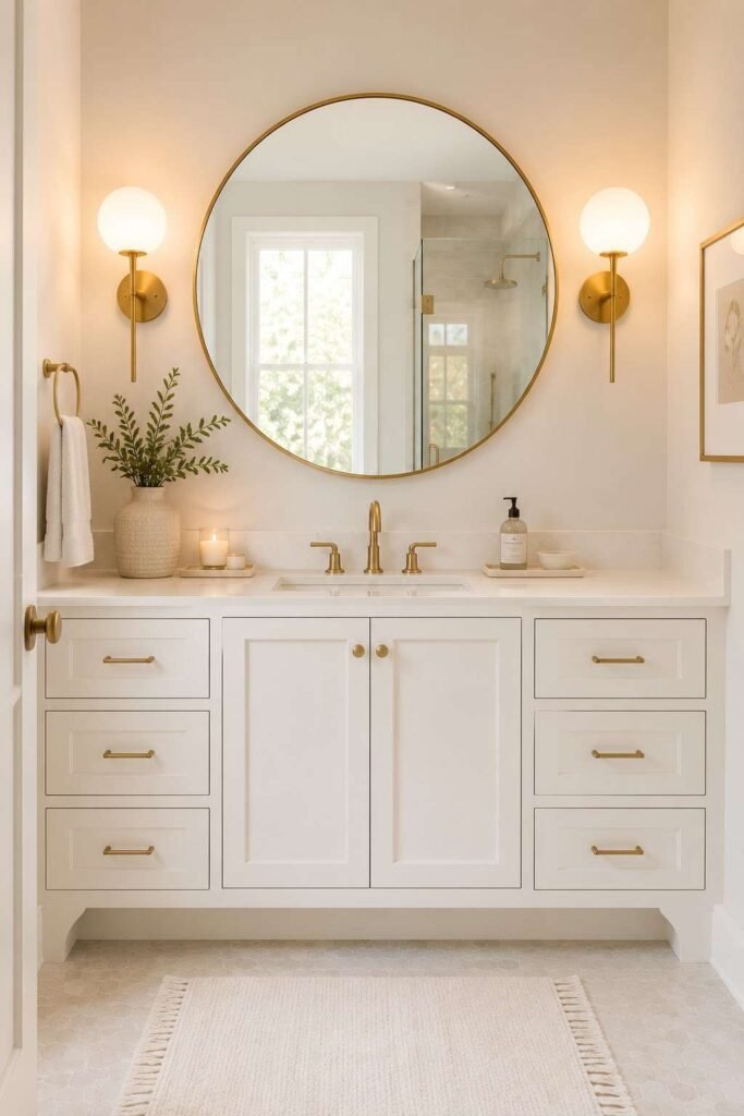 Brushed brass globe sconces mounted either side of round mirror above white vanity in elegantly lit bathroom