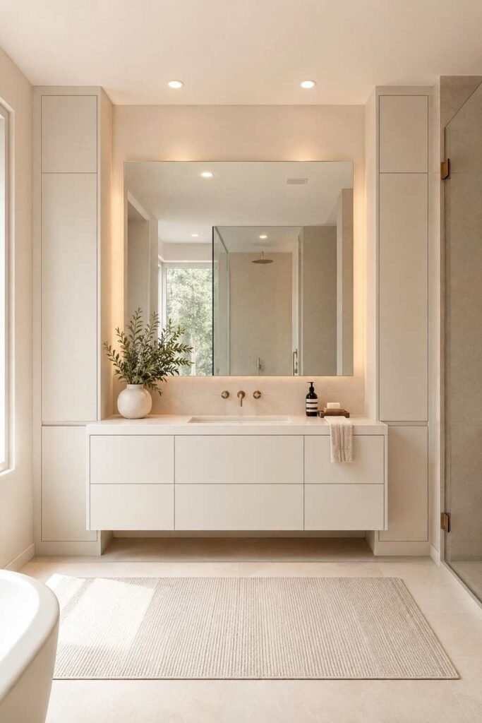 Custom built-in white vanity with floor to ceiling storage columns push open doors and frameless mirror in high-end bathroom