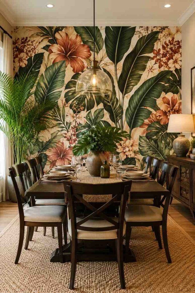 Bold botanical wallpaper feature wall with oversized tropical leaves behind dark wood dining table and warm pendant light