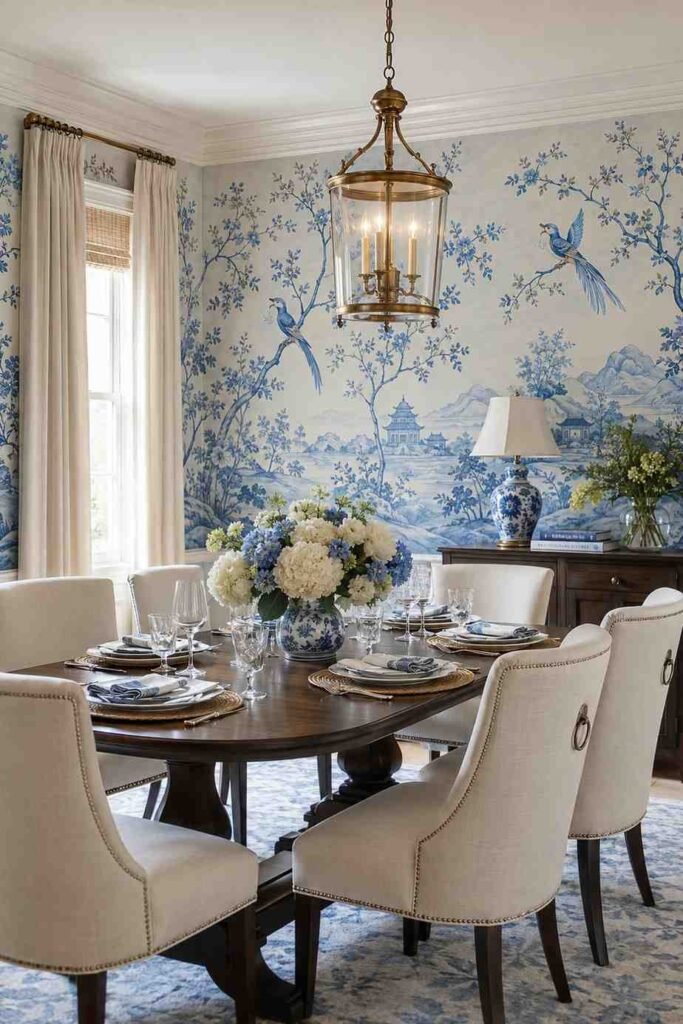 Soft blue and white chinoiserie wallpaper with birds and branches in elegant dining room with brass pendant light
