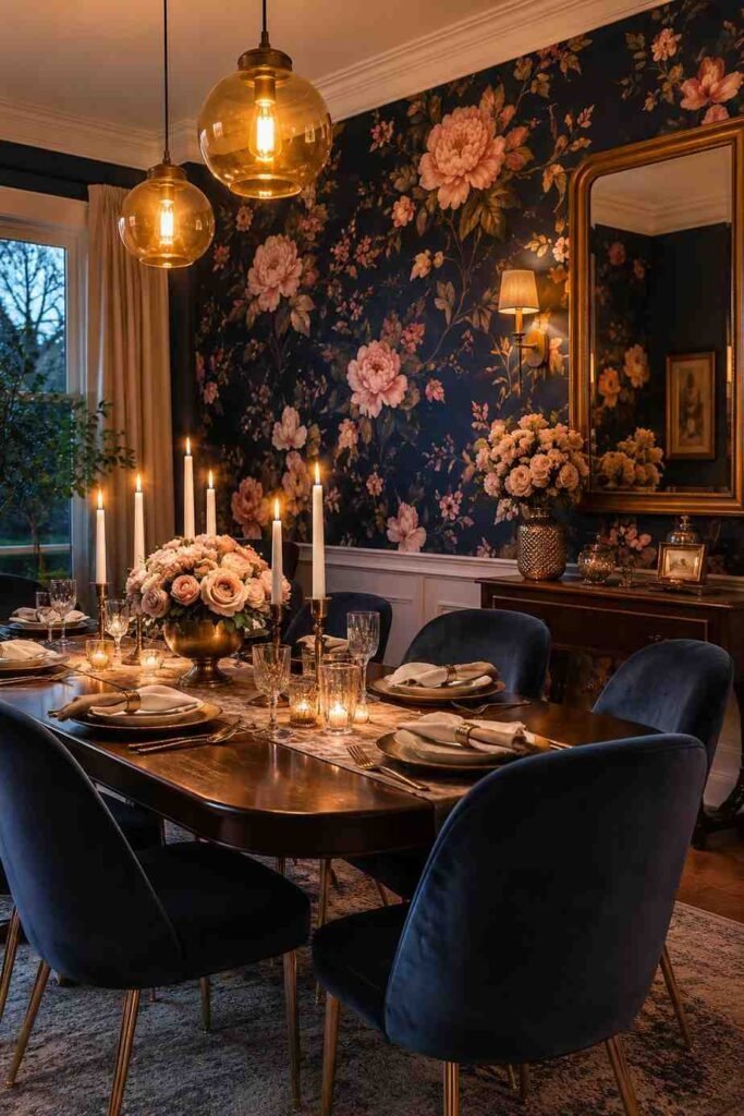 Dark navy floral wallpaper with blush roses and gold tones in moody candlelit dining room with velvet chairs