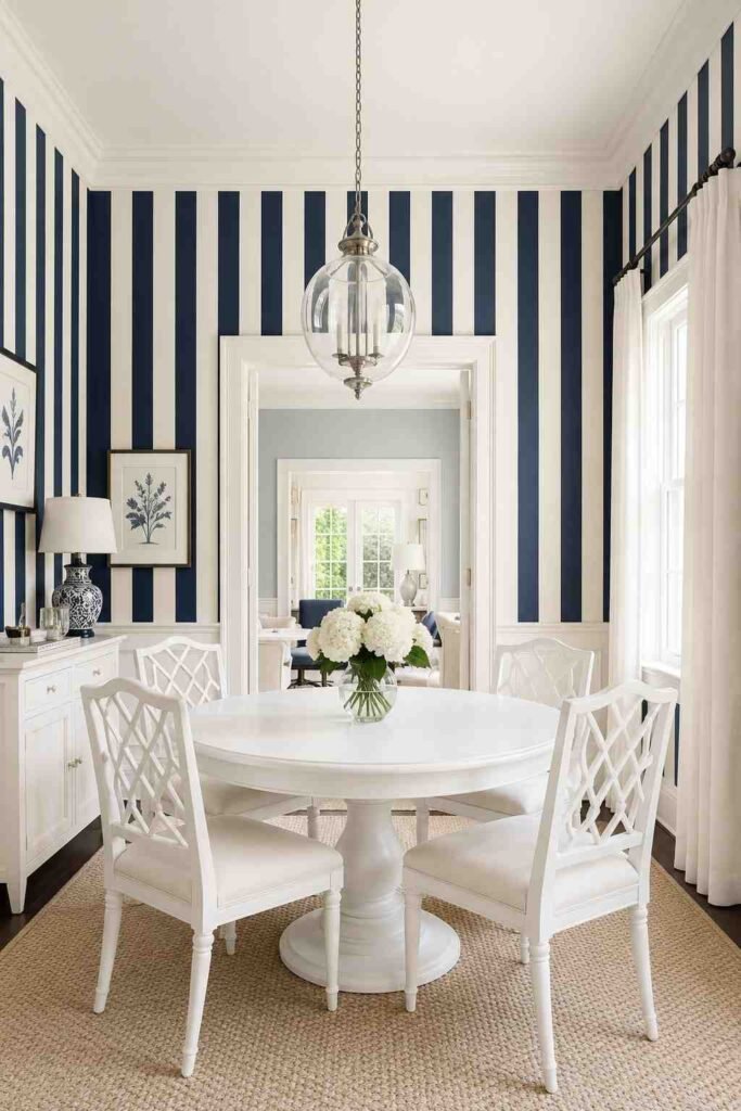 Vertical navy and white stripe wallpaper in elegant dining room with round white table and glass pendant light